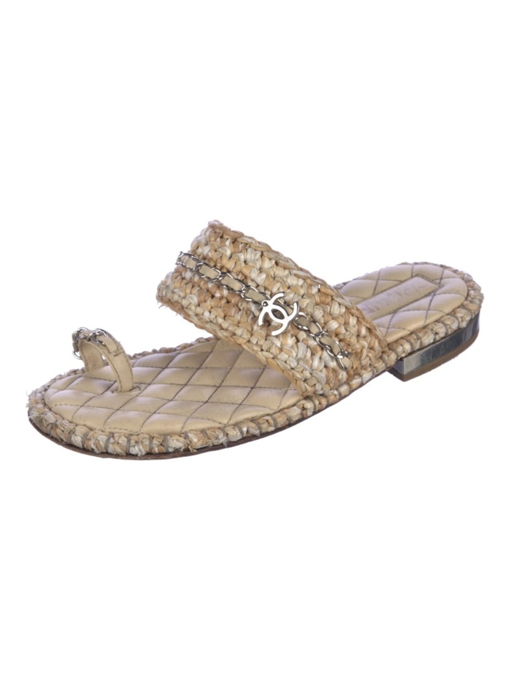 CHANEL Raffia Lambskin Woven Chain CC Toe Ring Sandals Beige White